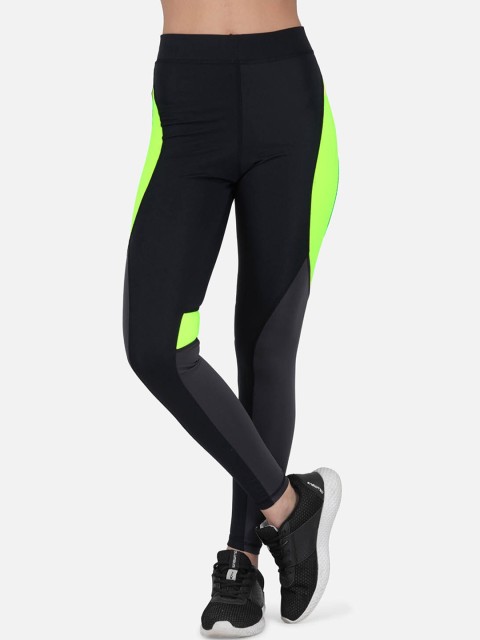 IMPERATIVE Women Black & Fluorescent Green Colourblocked Slim-Fit Tights