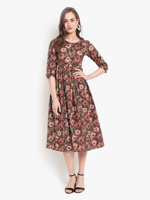 Ashlee Multicoloured Floral Ethnic Midi Dress, Multi