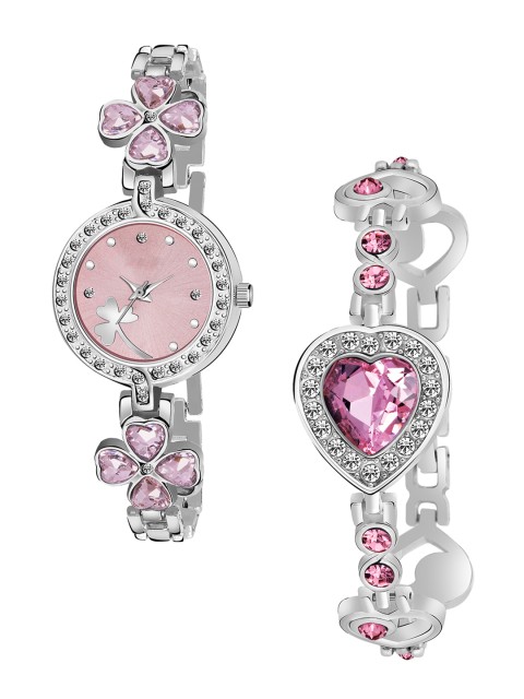 Rage Enterprise Women Set of 2 Pink Brass Embellished Dial Bracelet Straps Watch R_822_514, Silver
Rage Enterprise Women Set of 2 Pink Brass Embellished Dial Bracelet Straps Watch R_822_514, Silver