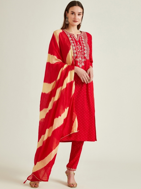 Neerus Women Red Floral Embroidered Pure Cotton Kurta with Churidar