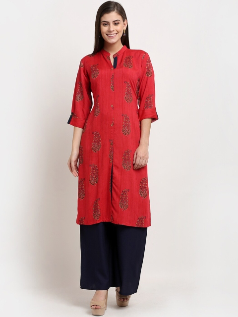 Jinfo Women Red Ethnic Motifs Printed Straight Kurta