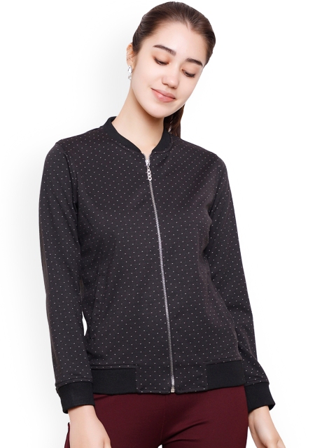 DECHEN Women Black Geometric Printed Bomber Jacket