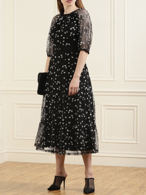 Phase Eight Black Floral A-Line Midi Dress
