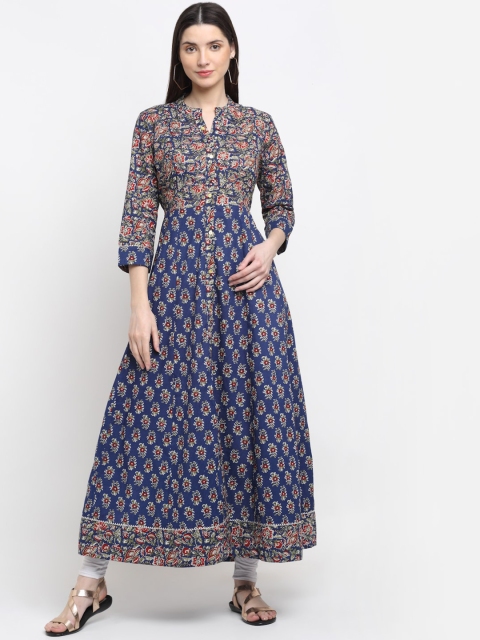 MYAZA Women Blue & Red Ethnic Motifs Printed Cotton Anarkali Kurta