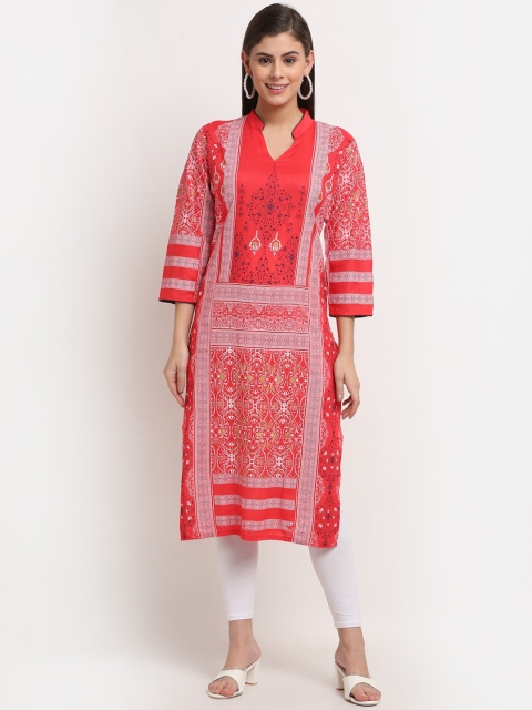 Jinfo Women Red & Blue Ethnic Motifs Printed Organic Cotton Straight Kurta