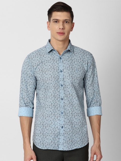 V Dot Men Blue Slim Fit Floral Printed Cotton Formal Shirt