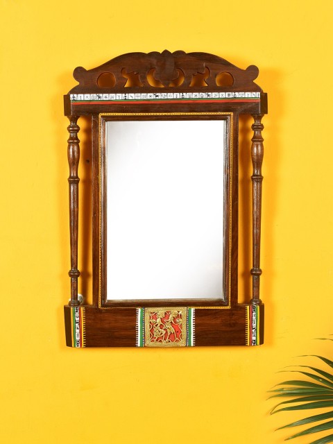 AAKRITI ART CREATIONS Brown & Gold-Toned Walnut Window Handcrafted Mirror Wall Decor