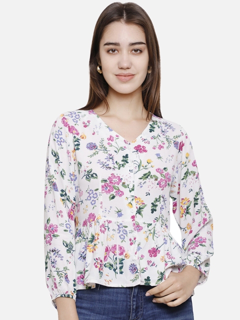 DECHEN Women White & Pink Floral Printed Top