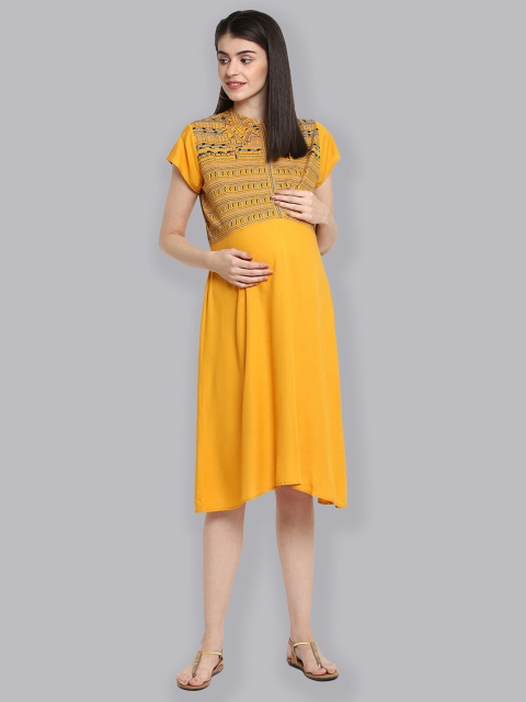 The Vanca Yellow Printed Maternity Yoke Design Midi Dress