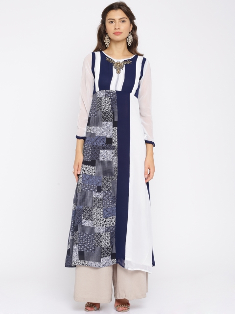 Soch Women Navy & White Printed A-Line Kurta, Navy blue