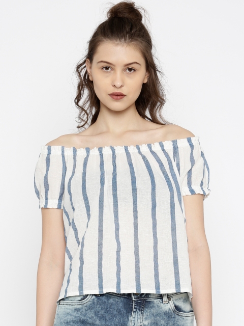 Vero Moda Women Off-White & Blue Striped Off Shoulder Top