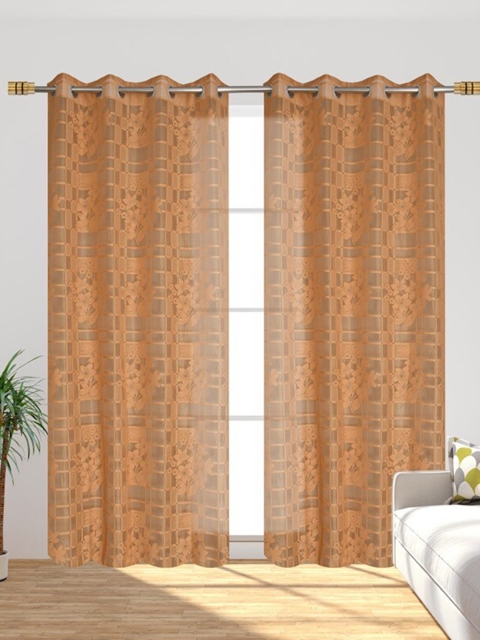 Molly & Michel Beige Set of 2 Floral Sheer Long Door Curtains