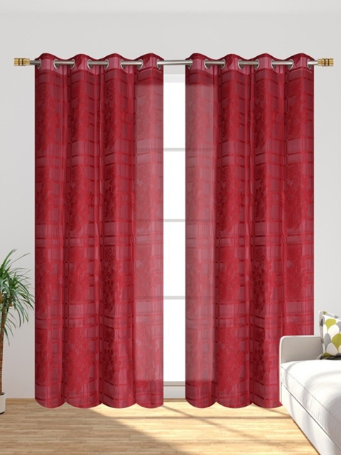 Molly & Michel Set Of 2 Maroon Floral Printed Sheer Door Curtains