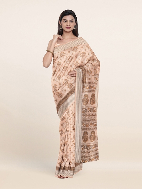 Pothys Beige & Brown Ethnic Motifs Printed Zari Saree