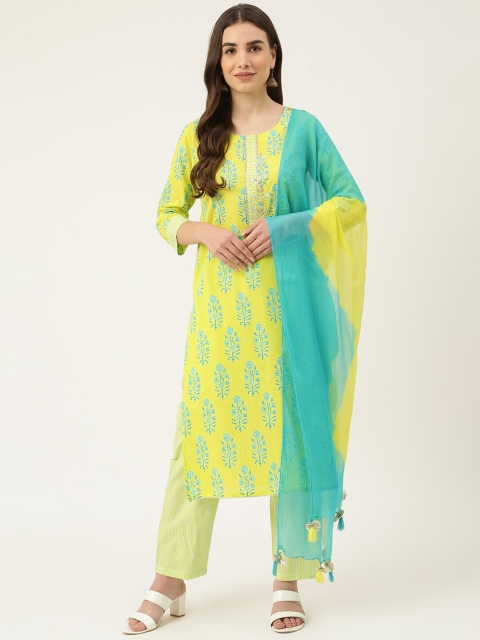 DECKEDUP Yellow & Blue Printed Pure Cotton Unstitched Dress Material