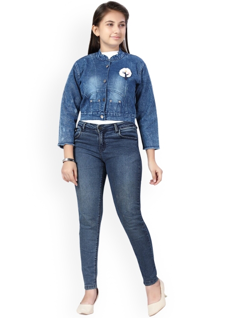 Aarika Girls Blue Washed Crop Denim Cotton Jacket