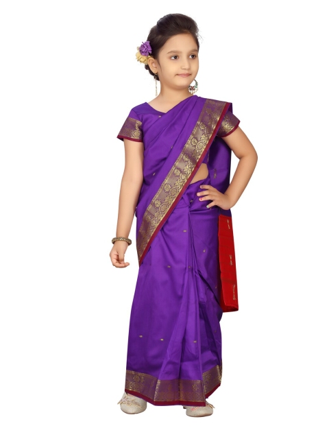 Aarika Girls Purple & Maroon Ethnic Motifs Zari Art Silk Kanjeevaram Saree
