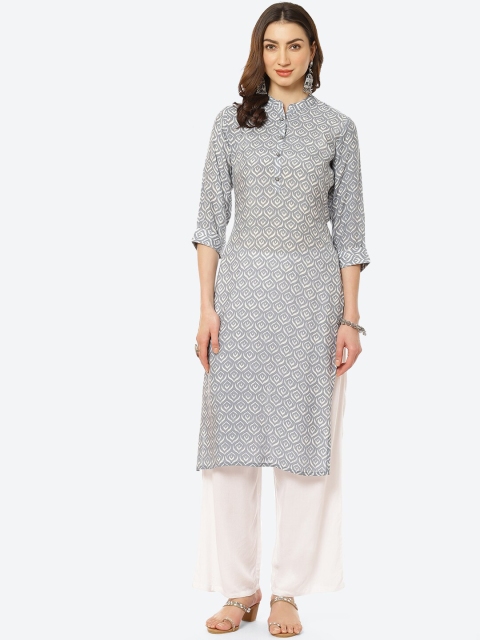 Kurti's by Menka Women Grey & Off-White Ethnic Motifs Printed Linen Straight Kurta