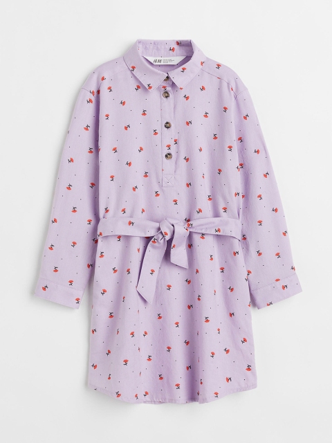 H&M Girls Purple Floral Pure Cotton Belted Shirt Dress