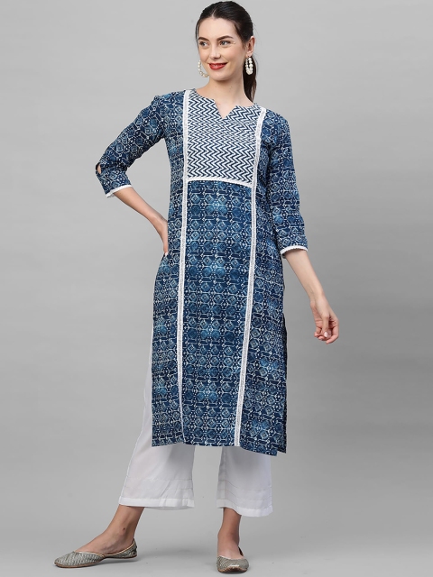 Indo Era Women Blue Ethnic Motifs Printed Keyhole Neck Thread Work Kurta