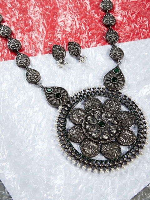 ZeroKaata Silver-Plated & White Oxidised Stone Studded Jewellery Set