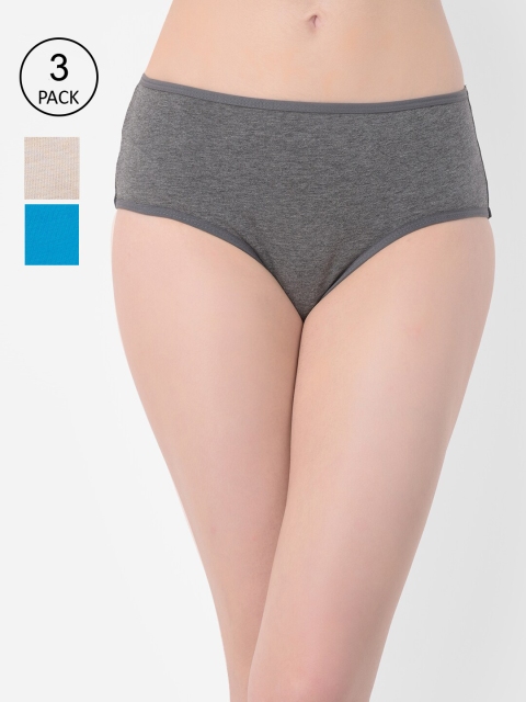 Clovia Women Pack Of 3 Solid Cotton Hipster Briefs, Grey