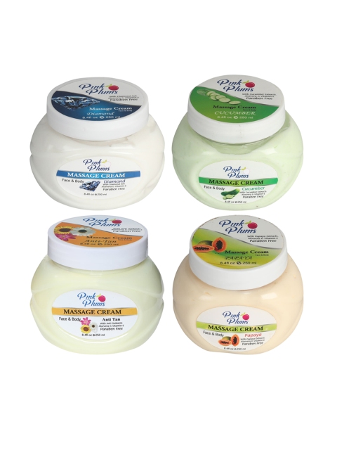 Pink Plums Set of Diamond-Cucumber-Anti Tan & Papaya Massage Cream - 250 ml Each, White
Pink Plums Set of Diamond-Cucumber-Anti Tan & Papaya Massage Cream - 250 ml Each, White