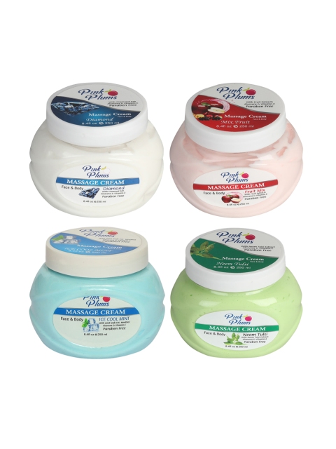 Pink Plums Set of Diamond-Fruit Mix-Ice Cool Mint & Neem Tulsi Massage Cream - 250 ml Each, Multi
Pink Plums Set of Diamond-Fruit Mix-Ice Cool Mint & Neem Tulsi Massage Cream - 250 ml Each, Multi