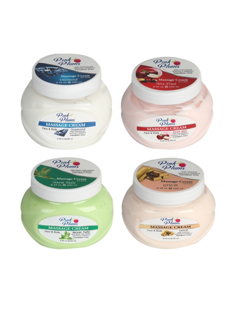 Pink Plums Set of Diamond-Fruit Mix-Neem Tulsi & Gold Massage Cream - 250 ml Each, White
Pink Plums Set of Diamond-Fruit Mix-Neem Tulsi & Gold Massage Cream - 250 ml Each, White