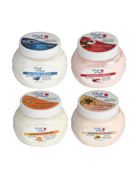 Pink Plums Set of Diamond-Fruit Mix-Honey Almond & Gold Massage Cream - 250 ml Each, White
Pink Plums Set of Diamond-Fruit Mix-Honey Almond & Gold Massage Cream - 250 ml Each, White