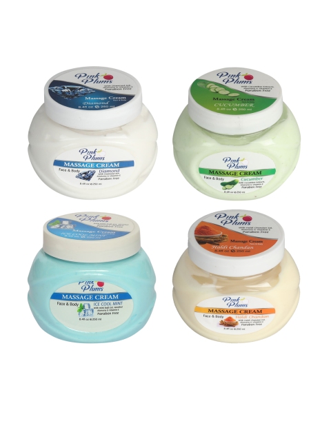 Pink Plums Set of Diamond-Cucumber-Ice Cool & Haldi Chandan Massage Cream - 250 ml Each, White
Pink Plums Set of Diamond-Cucumber-Ice Cool & Haldi Chandan Massage Cream - 250 ml Each, White