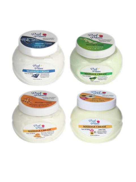 Pink Plums Set of Diamond-Cucumber-Anti Tan & Honey Almond Massage Cream - 250 ml Each, White
Pink Plums Set of Diamond-Cucumber-Anti Tan & Honey Almond Massage Cream - 250 ml Each, White