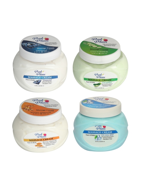 Pink Plums Set of Diamond-Cucumber-Honey Almond & Ice Cool Mint Massage Cream- 250 ml Each, White
Pink Plums Set of Diamond-Cucumber-Honey Almond & Ice Cool Mint Massage Cream- 250 ml Each, White