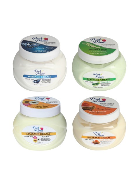 Pink Plums Set of Diamond-Cucumber-Anti Tan & Haldi Chandan Massage Cream - 250 ml Each, White
Pink Plums Set of Diamond-Cucumber-Anti Tan & Haldi Chandan Massage Cream - 250 ml Each, White