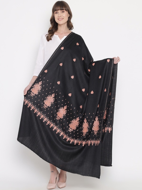 Pashtush Women Black & Peach-Coloured Embroidered Woolen Shawl