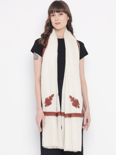 Pashtush Women White & Red Embroidered Woolen Shawl