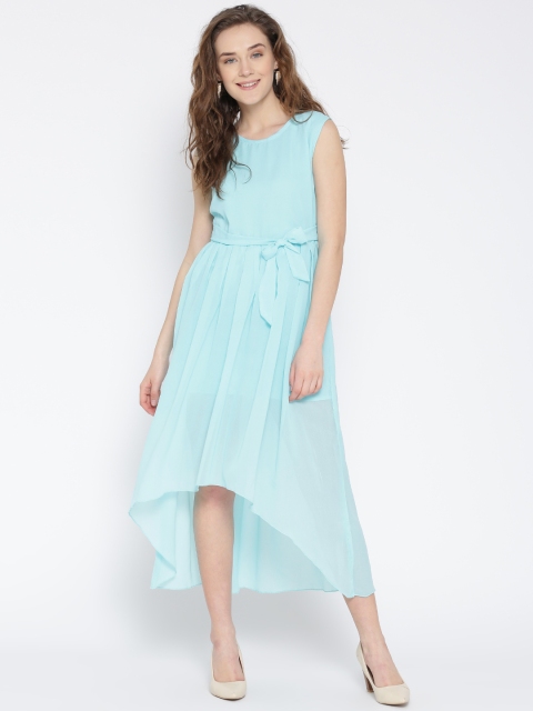U&F Women Turquoise Blue Solid High-Low Fit & Flare Dress