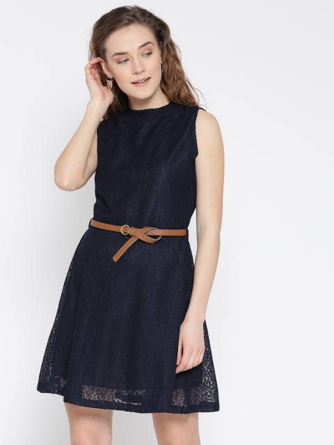 U&F Women Navy Lace Fit & Flare Dress, Navy blue