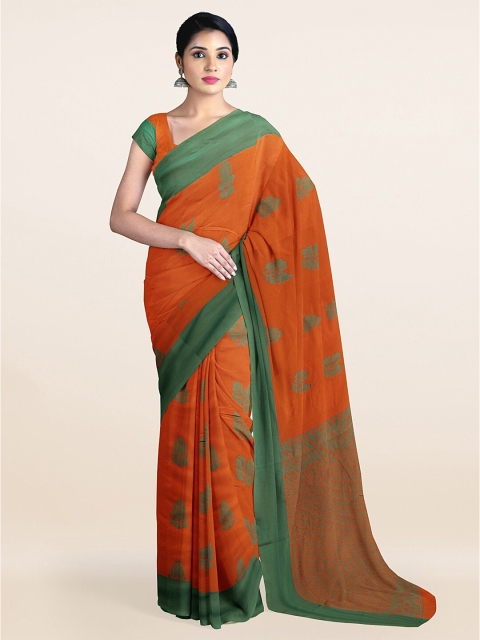 Pothys Rust & Green Ethnic Motifs Silk Cotton Saree