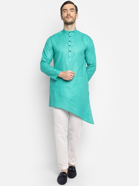 DEVOILER Men Turquoise Blue Striped Asymmetric Kurta
