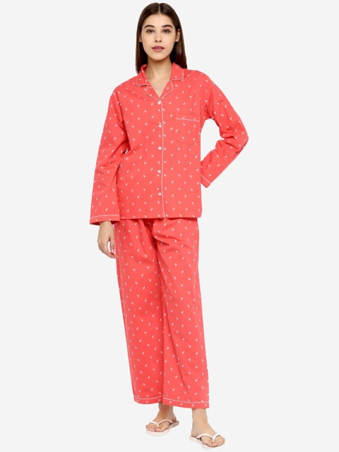 shopbloom Women Coral Pink Printed Night suit
