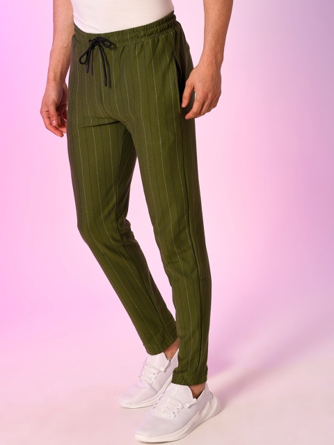 Campus Sutra Men Olive Striped Cotton Track Pant