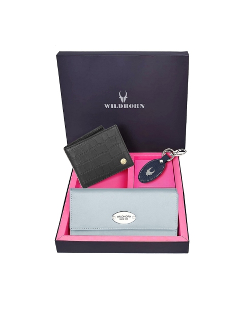 WildHorn Unisex Grey & Black Solid Premium Leather Accessory Gift Set