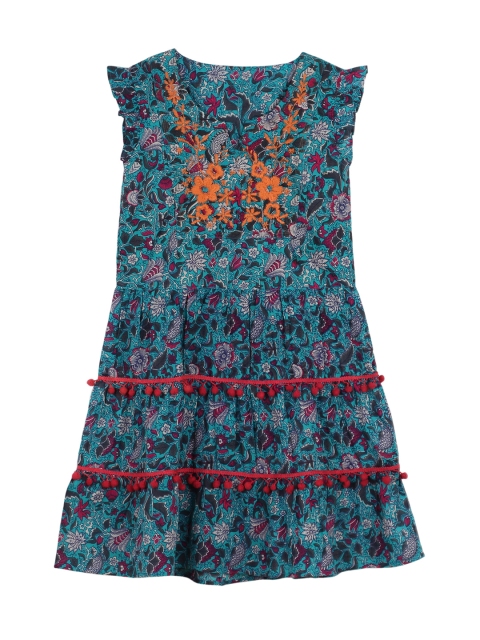 My Little Lambs Girls Blue Printed Tiered Dress