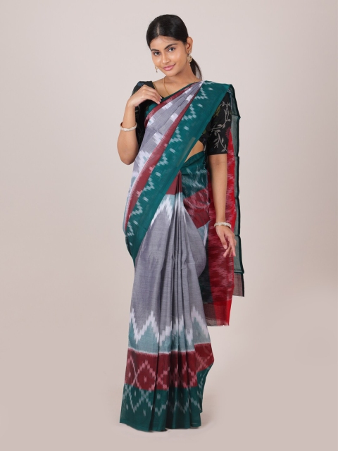 Pothys Grey & Green Ethnic Motifs Saree