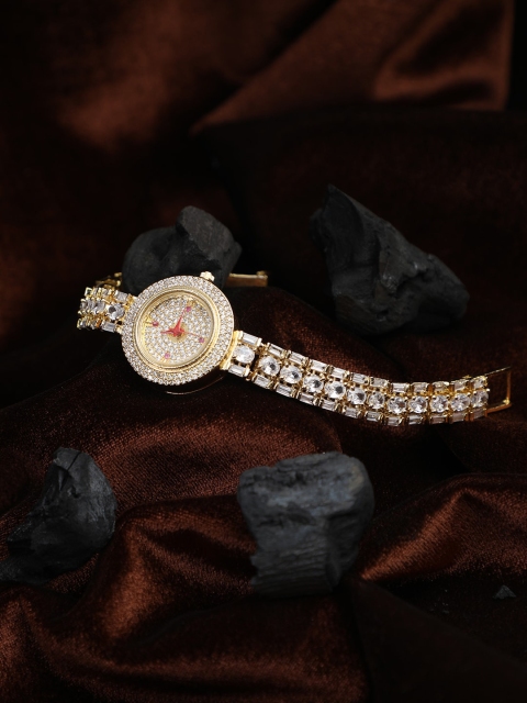 Adwitiya Women White Embellished Dial & Gold Toned Bracelet Style Straps Analogue Watch
Adwitiya Women White Embellished Dial & Gold Toned Bracelet Style Straps Analogue Watch