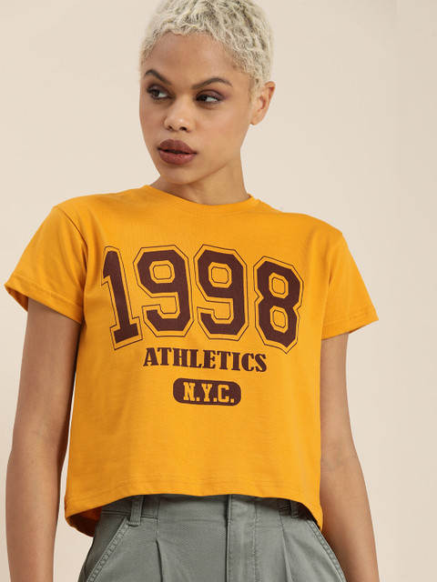 DILLINGER Women Mustard Yellow & Coffee Brown Typography Pure Cotton Crop T-shirt
DILLINGER Women Mustard Yellow & Coffee Brown Typography Pure Cotton Crop T-shirt