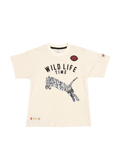 RAINE AND JAINE Boys Cream-Coloured & Black Printed Cotton Round Neck T-shirt