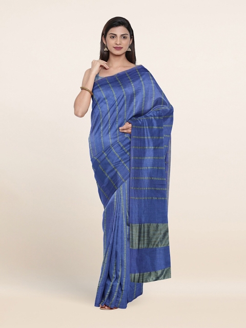 Pothys Blue & Green Striped Jute Cotton Saree