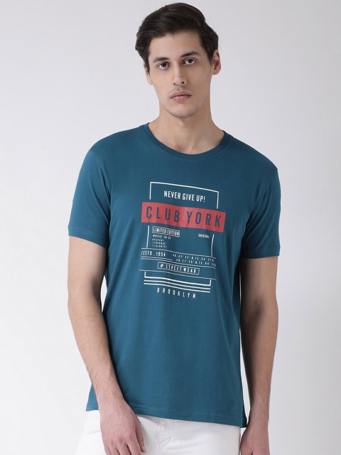 Club York Men Teal Blue & Red Printed Cotton Round Neck T-shirt